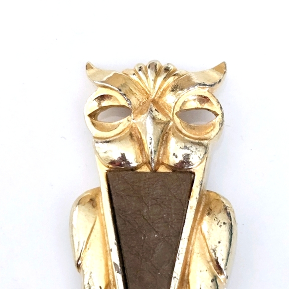 Vintage Goldtone Owl Brooch Leather Accent - Picture 7 of 9